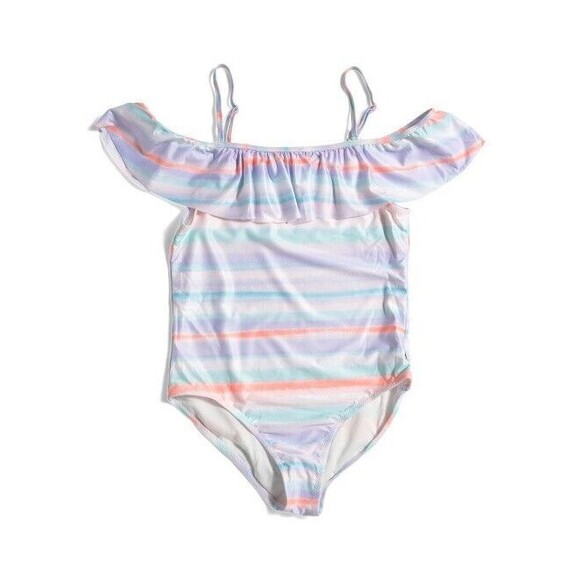 LUCKY BRAND Sz L (12/14) Big GIRLS Swimsuit 1 PC RUFFLE Striped Off Shoulder NEW - Picture 8 of 8